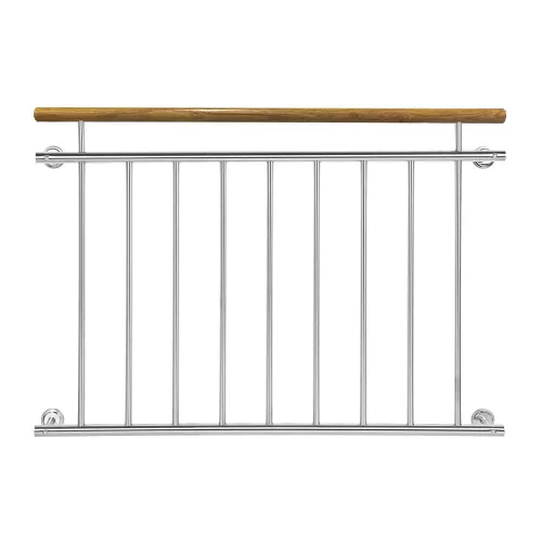 Franciaerkély korlát fa kapaszkodóval, mediterrán jellegű házra is, rozsdamentes acél, ezüst színben, inox korlát 100-225 cm-ig
