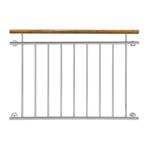 French balcony railing with wooden handrail, also for Mediterranean-style houses, stainless steel, in silver color, inox railing up to 100-225 cm