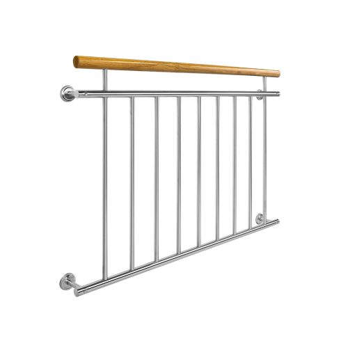 French balcony railing with wooden handrail, also for Mediterranean-style houses, stainless steel, silver color, 128x90 cm inox design, maximum child safety