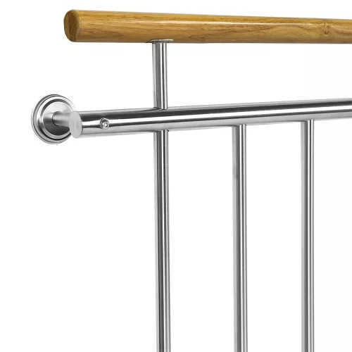 Franciaerkély korlát fa kapaszkodóval, mediterrán jellegű házra is, rozsdamentes acél, ezüst színben, 225x90 cm inox kivitel, maximális gyerek biztonság