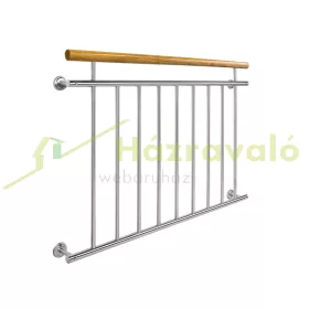   Franciaerkély korlát fa kapaszkodóval, mediterrán jellegű házra is, rozsdamentes acél, ezüst színben, 225x90 cm inox kivitel, maximális gyerek biztonság