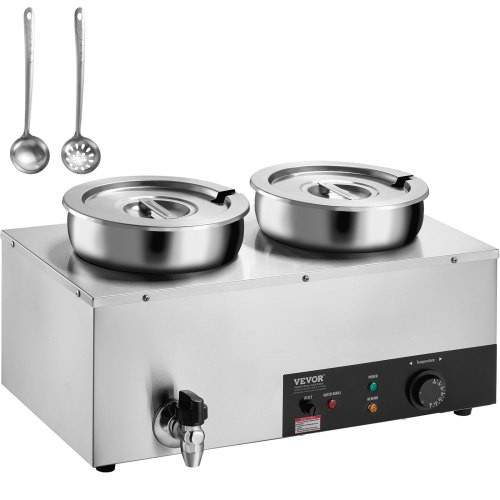 Rozsdamentes acél büfémelegítő Élelmiszer-melegítő 1200 W 2 x 8,1 L Büféedény Ø 180 x Ø 240 x 220 mm Minden levesestál fedővel és lefolyócsappal &