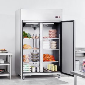   Ipari hűtőszekrény 1100 literes 2 ajtós, rozsdamentes acél hűtő automatikus leolvasztással 6 polccal