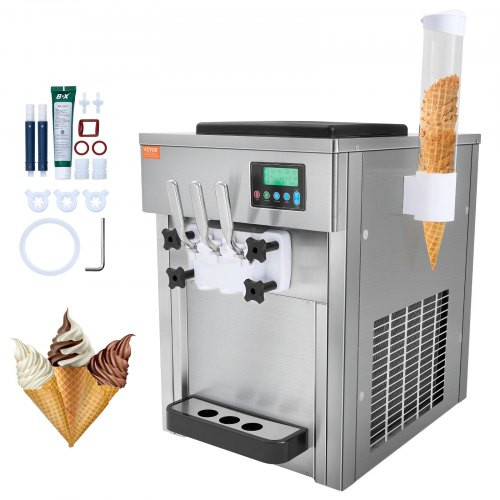 Kereskedelmi fagylaltkészítő, 1800 W, 3 ízesítés, lágy fagylaltkészítő munkalap, 2 x 4 literes tartály, 2 x 1,8 literes henger, LCD képernyő, automatikus tisztítás, előhűtés.