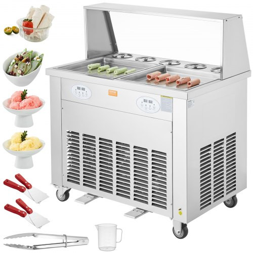 Mélysütött fagylalt tekercsek készítésére szolgáló gép, 2 db 380 x 380 mm-es négyzet alakú serpenyő fagylalt mélysütéséhez, rozsdamentes acélból készült kereskedelmi fagylaltkészítő gép, kompresszorral és 4 kaparóval.