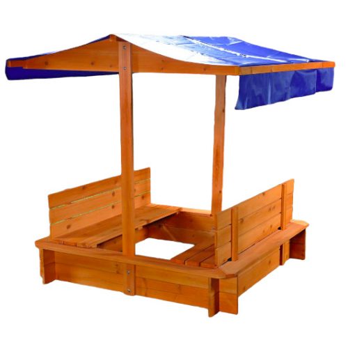 Children's wooden frame sandpit with bench with protective cover and parasol blue 120x120 cm