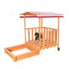 Children's wooden frame sandbox with veranda with protective roof and parasol in red