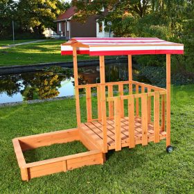   Gyerek fa keretes homokozó verandával védtetővel napernyővel piros színben