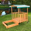 Children's wooden frame sandbox with veranda with protective roof and sunshade in green color