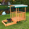 Children's wooden frame sandbox with veranda with protective roof and sunshade in green color