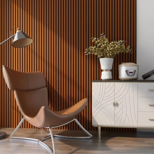 Akusztikus fali panel 12db 120x60 cm teakfa hatású lamellás falburkolat dekorpanel