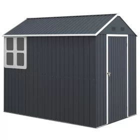   Kerti kis ház 259x172x222 cm acél kerti tárolóház ablakkal kültéri fészer szürke-fehér szerszámos kamra ház 