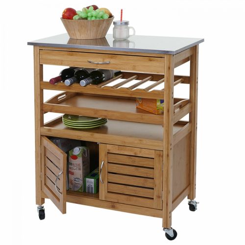 Small kitchen cabinet with drawers kitchen storage made of bamboo with a stainless counter with a drawer with 2 trays and a small cabinet 