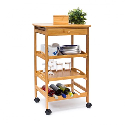 Rolling 3-drawer kitchen storage made of bamboo with a drawer with 2 trays and a wine rack