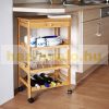 Rolling 3-drawer kitchen storage made of bamboo with a drawer with 2 trays and a wine rack