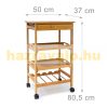 Rolling 3-drawer kitchen storage made of bamboo with a drawer with 2 trays and a wine rack