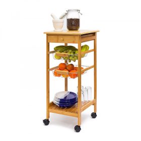   Gurulós fiókos konyhai tároló bambuszból 2 krómozott kosárral görgős kisszekrény