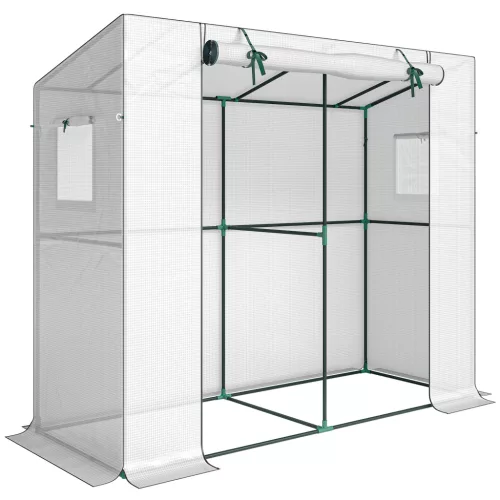 Fal mellé helyezhető mini fóliasátor 200x76x170 cm UV-álló növényház, feltekerhető ajtóval és szúnyoghálós ablakokkal, fehér