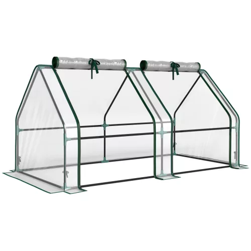 Mini kerti fóliasátor 180x90x90 cm átlátszó PVC-borítással, acélvázzal, cipzáras nyílásokkal