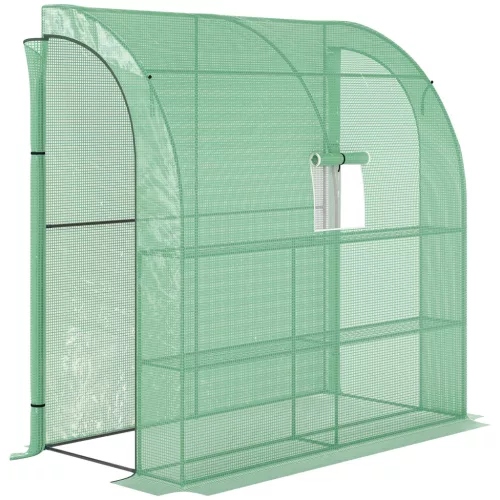 Kerti fóliasátor 200x100x215 cm fal mellé állítható növényház, UV-álló PE-fóliával, 2 cipzáras ajtóval, zöld