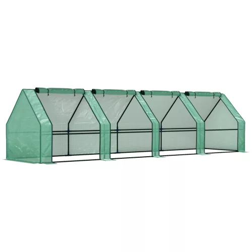 Alacsony fóliasátor 360x90x90 cm acélvázas növényház, 4 cipzáras nyílással, zöld