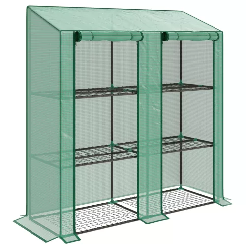 Mini fóliasátor 143x46x151 cm 3 szintes, 6 polcos palántanevelő növényház, fal mellé helyezhető, zöld