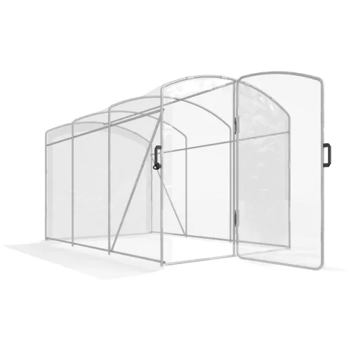Kerti fóliasátor 300 × 200 × 195 cm 6 m², átlátszó PE fóliával, horganyzott acélvázzal, zsanéros ajtóval