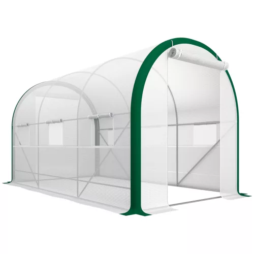 Alagút fóliasátor 358x210x210 cm horganyzott acélvázzal, UV-álló PE fóliával, 6 szellőzőablakkal, fehér