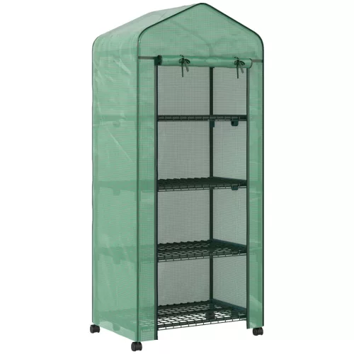 Mini fóliasátor 69x50x165 cm 4 polcos palántanevelő üvegház, acélvázzal és UV-álló fóliával, zöld