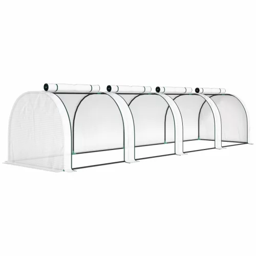 Kerti alagút fóliasátor 395x100x80 cm fehér mini növényház acélvázzal, 4 cipzáras szellőzőnyílással