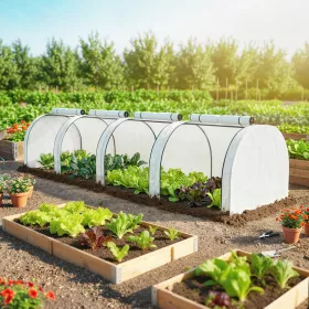   Kerti alagút fóliasátor 395x100x80 cm fehér mini növényház acélvázzal, 4 cipzáras szellőzőnyílással