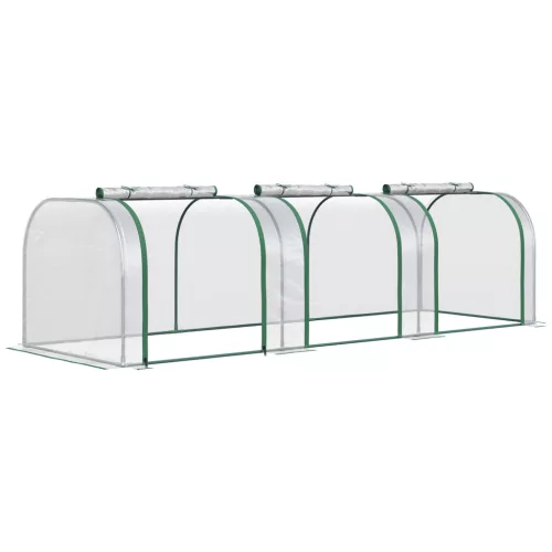 Mini alagút fóliasátor 295x100x80 cm átlátszó PVC borítással, acélvázzal és 3 feltekerhető ajtóval