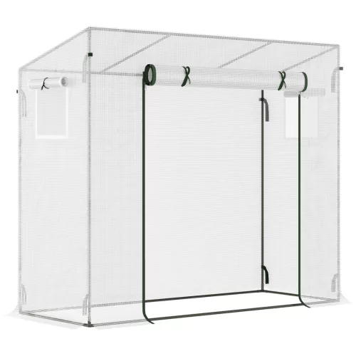 Kerti fóliasátor 200x76x168 cm UV-álló, megerősített fóliaborítással, acélvázzal és feltekerhető ajtóval, fehér