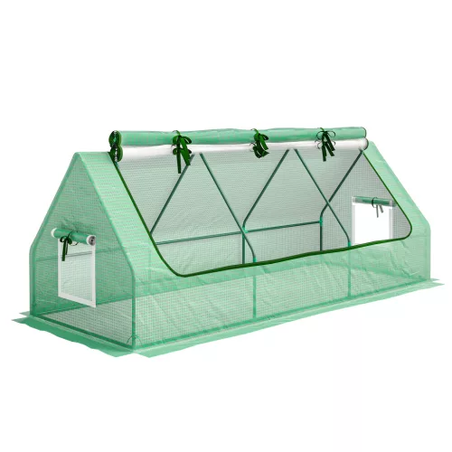 Kerti mini fóliasátor 240x90x90 cm feltekerhető tetővel, rovarhálós szellőzőablakokkal és UV-védő fóliával, zöld