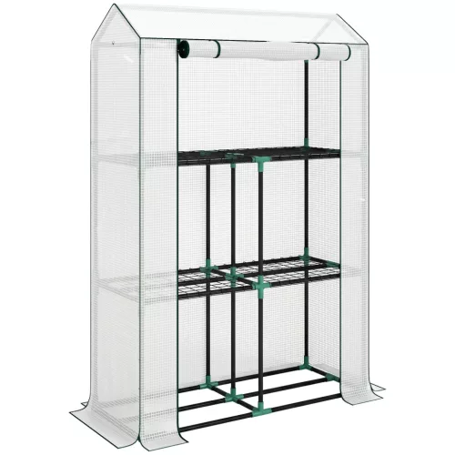Mini fóliasátor 100x40x150 cm 3 szintes, polcos növényház, UV-álló fóliával, fehér