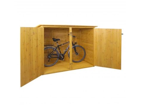 Small bicycle garage with tools, lockable bicycle storage made of pine wood 