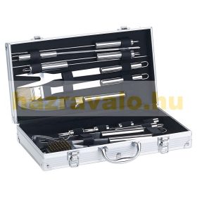   14 darabos rozsdamentes acél grillkészlet, alumínium tokkal, grillkefével 