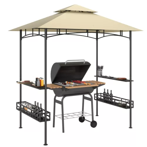 Grillpavilon dupla tetővel bézs BBQ pavilon polcokkal és tárolókosarakkal