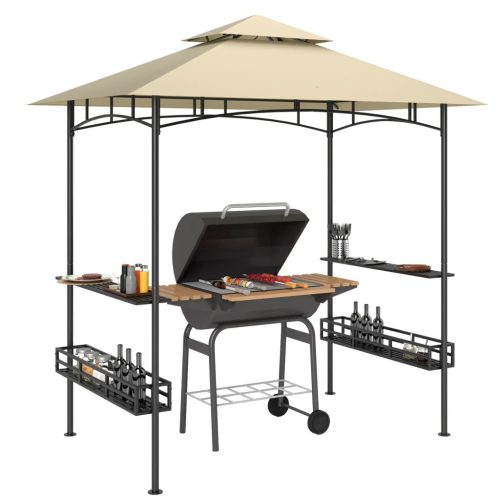 Grillpavilon dupla tetővel bézs BBQ pavilon polcokkal és tárolókosarakkal
