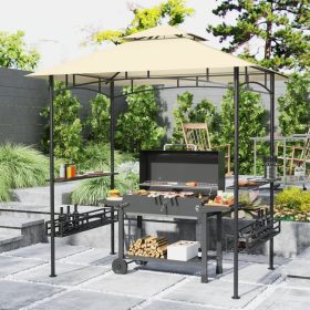   Grillpavilon dupla tetővel bézs BBQ pavilon polcokkal és tárolókosarakkal
