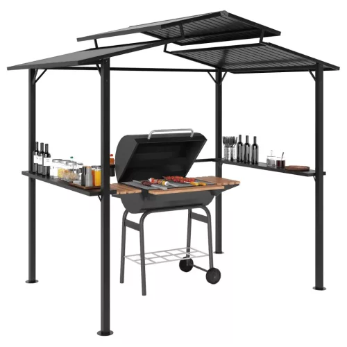 Kerti grillpavilon 250x160x250 cm kerti grillsátor dupla rétegű tetővel és oldalsó polcokkal, fekete