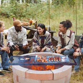   Tűzrakóra helyezhető téglalap alakú grillrács 1110x380 mm hordozható acél BBQ rács fogantyúval