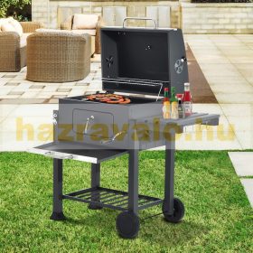   Grillsütő rozsdamentes acélból, 2 kerékkel oldalsó polcokkal 