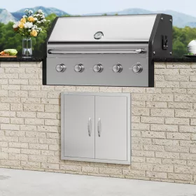   Kétszárnyú rozsdamentes acél grillajtó 660x609 mm beépíthető kültéri konyhai ajtó fogantyúkkal, grillszigetekhez és kültéri szekrényekhez