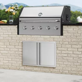   Kétszárnyú rozsdamentes acél grillajtó 774x532 mm beépíthető kültéri grillszekrény ajtó süllyesztett fogantyúkkal