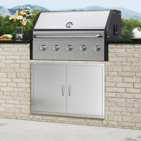   Grill ajtó kültéri kétszárnyú ajtó 990x660 mm rozsdamentes BBQ szekrényajtó, süllyesztett telepítéshez