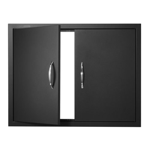 Fekete kültéri konyhaszekrény ajtó front 788x610 mm kétszárnyú matt fekete porfestett ajtó grillszigethez