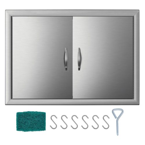 Rozsdamentes acél grillajtó dupla falú kültéri ajtó 71x48 cm kétrétegű inox BBQ ajtó fogantyúval