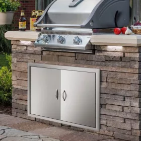  Rozsdamentes acél grillajtó dupla falú kültéri ajtó 71x48 cm kétrétegű inox BBQ ajtó fogantyúval