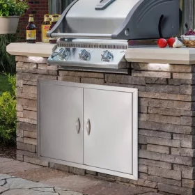   Rozsdamentes acél grillajtó 78,7x61 cm kétszárnyú BBQ ajtó kültéri konyhához dupla falú, kampókkal